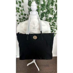 VERSACE La Medusa Nylon Leather Straps Black Tote Shoulder Bag NWT